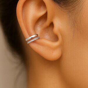 Sterling Silver Ear Cuff 2 Piece Set: Smooth & Sparkle No-Pierce Ear Cuffs